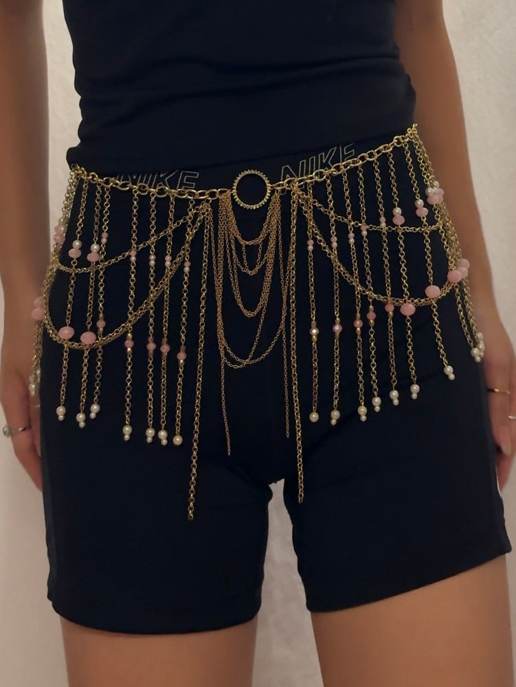Body Jewelry Torso and Waist Pink and Gold Set with Front Pink Gold Torso and Dangling Chain Belt and Resting on Shoulders