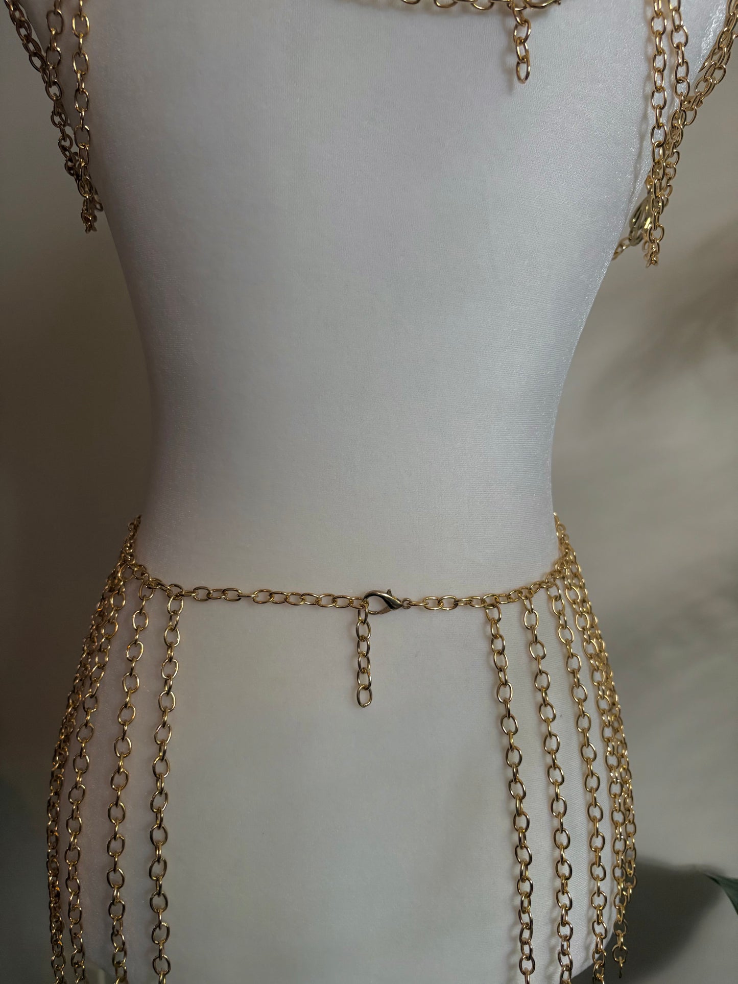 Body Jewelry Shoulder, Torso, and Waist Set with Dangling Chain Belt and Resting on Shoulders