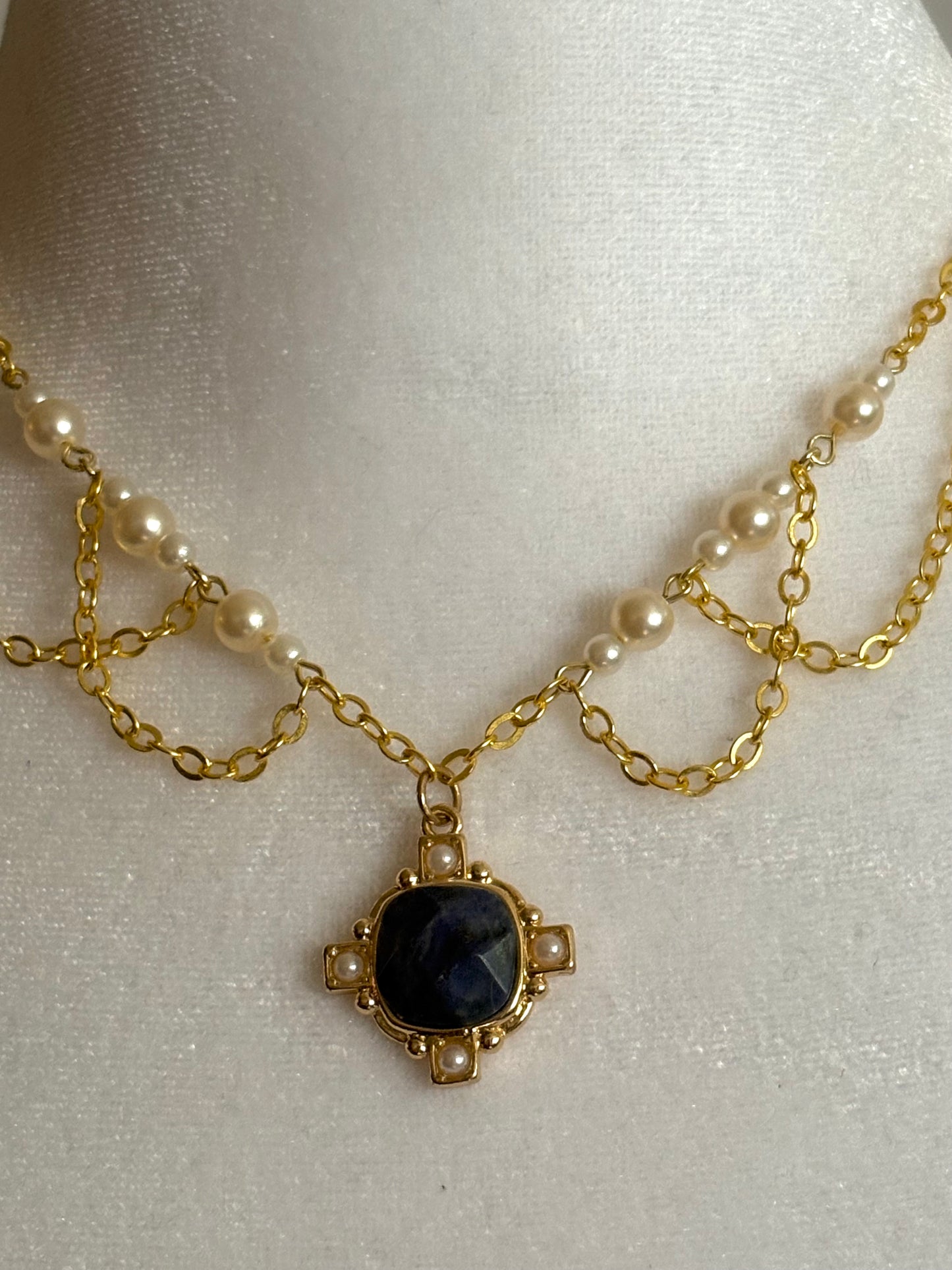 Blue and Gold Simple Dainty Necklace with Dangling Chain