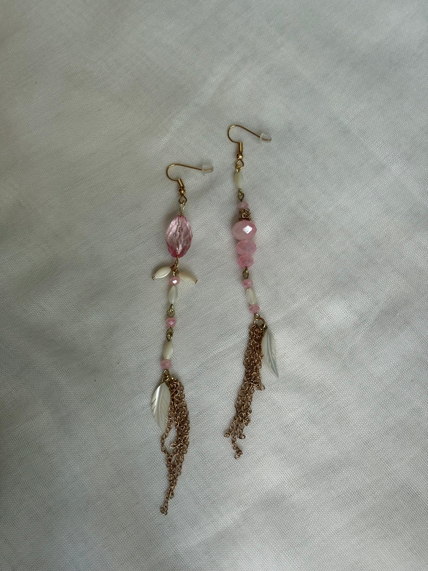 Long and Delicate Pink Dangling Gold Earrings