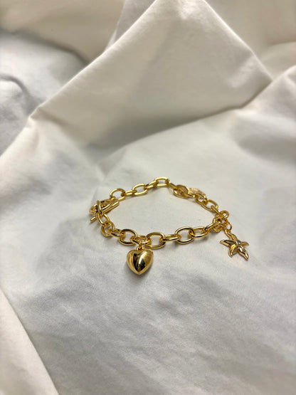 Gold Large Chain Link and Three Gold Pendants (Opening Book, 3D Heart, Starfish) Bracelet