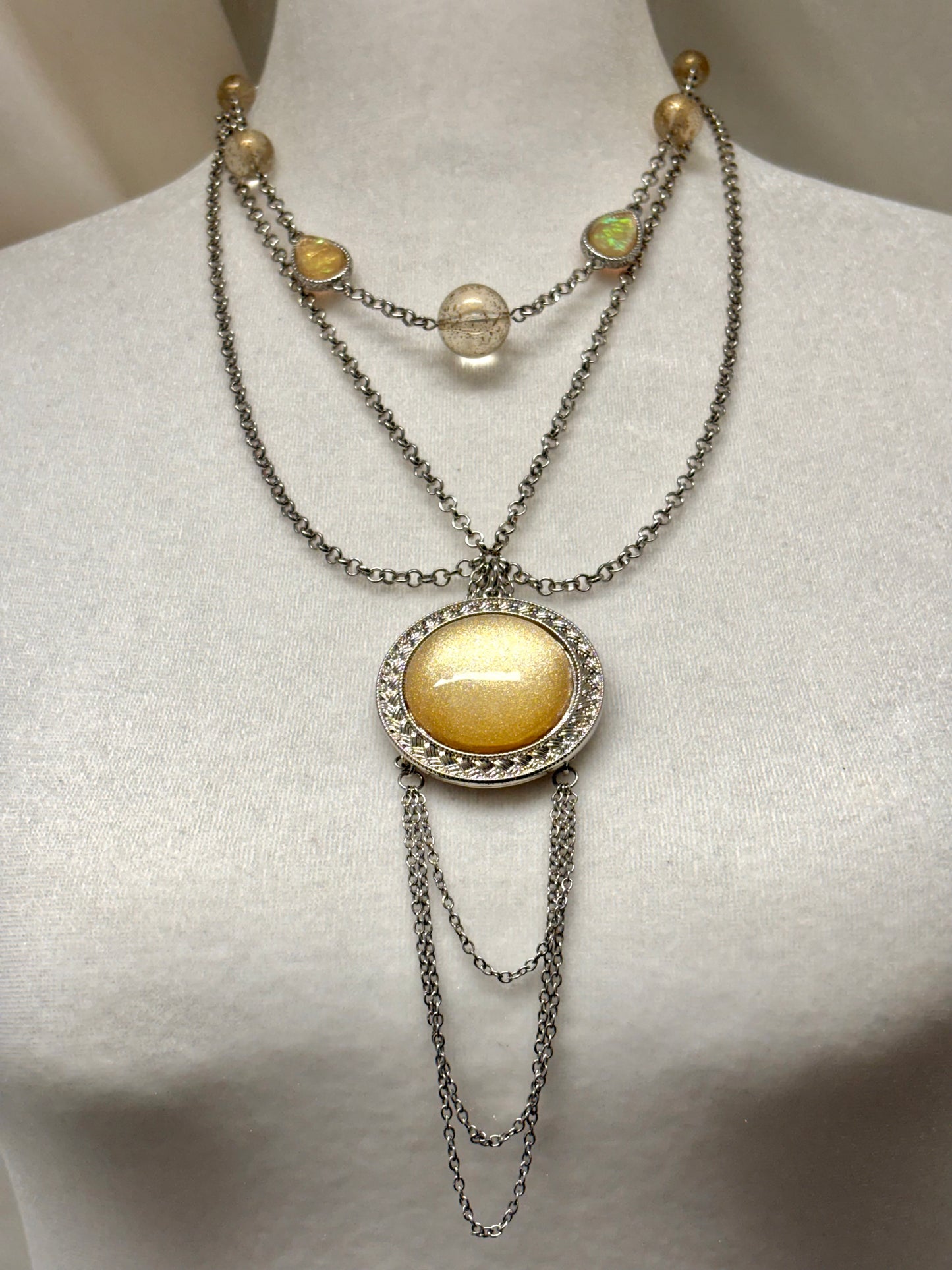 Multilayered, Silver, Yellowish Pendants and Bead Detail, Long Necklace Stack