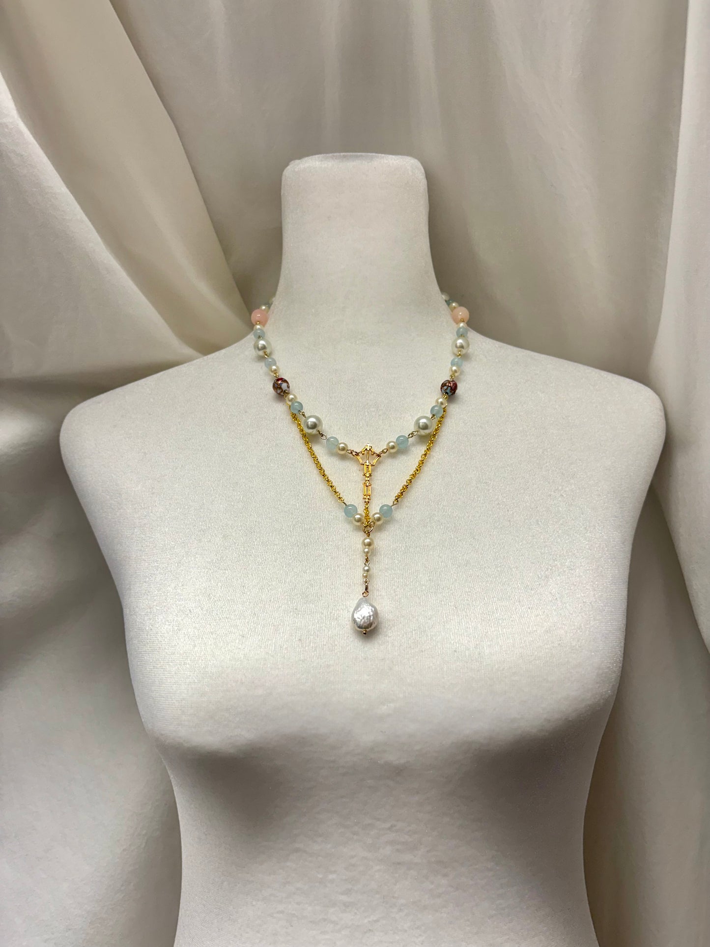 Long Gold Necklace with Gold Key Pendant in Center, Glass Beads, Vintage Painted Beads, and Faux Pearls Necklace