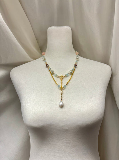Long Gold Necklace with Gold Key Pendant in Center, Glass Beads, Vintage Painted Beads, and Faux Pearls Necklace