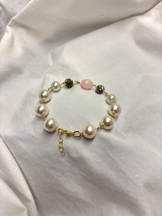 Gold Larger White Pearl and Painted Glass Beaded Bracelet