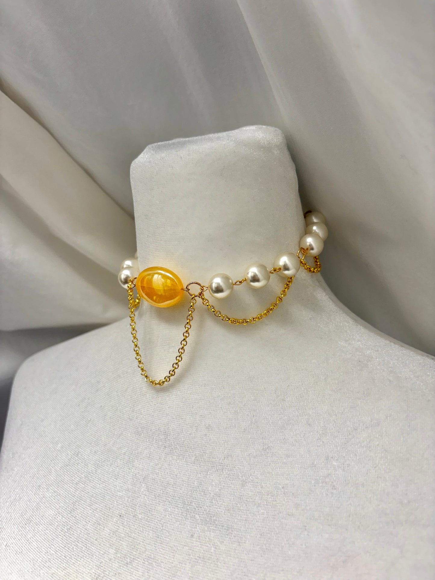 Gold Chunky Choker with Yellow Center Bead and Dangling Details Necklace
