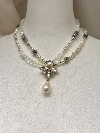 Silver Mixed Material, Vintage Crystal and Pearl Pendant, Glass Beads on Elastic String Necklace