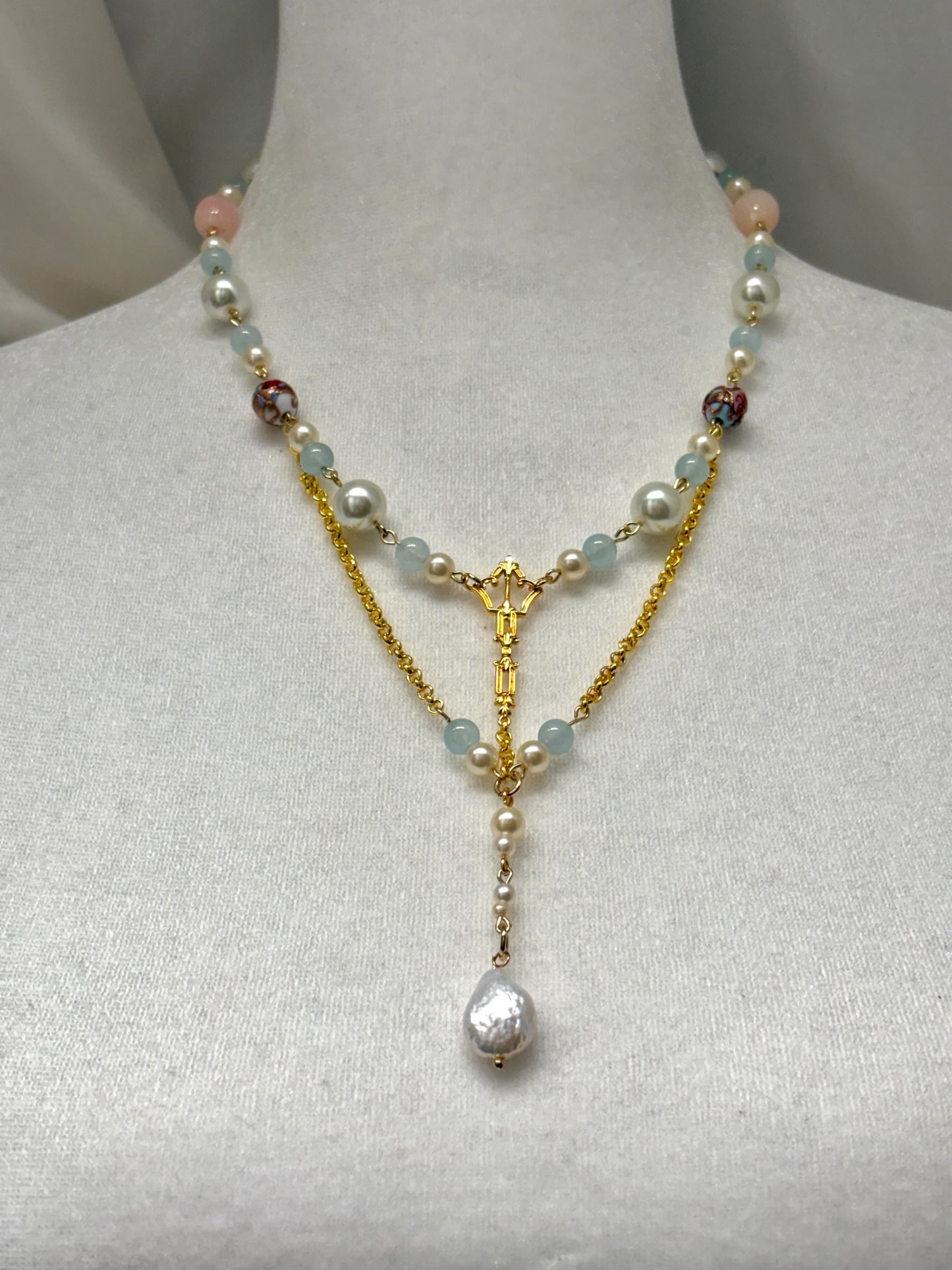 Long Gold Necklace with Gold Key Pendant in Center, Glass Beads, Vintage Painted Beads, and Faux Pearls Necklace