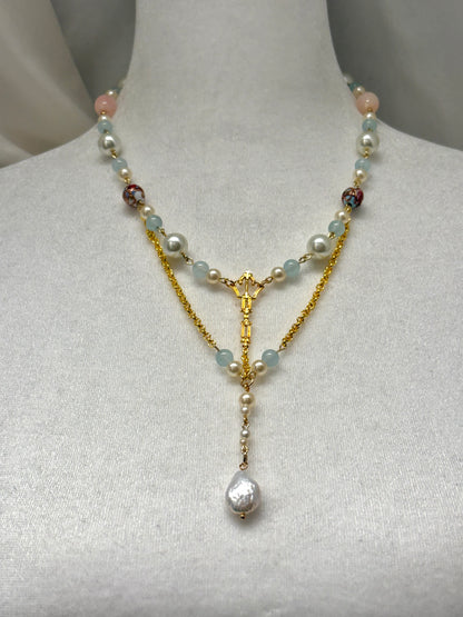 Long Gold Necklace with Gold Key Pendant in Center, Glass Beads, Vintage Painted Beads, and Faux Pearls Necklace