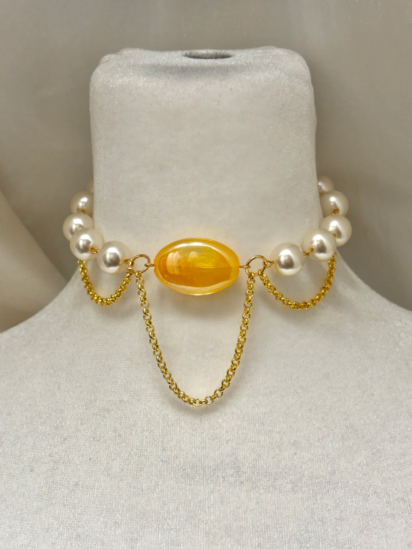Gold Chunky Choker with Yellow Center Bead and Dangling Details Necklace