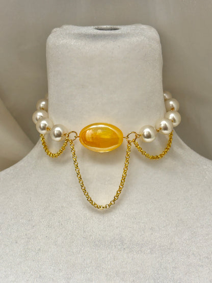 Gold Chunky Choker with Yellow Center Bead and Dangling Details Necklace
