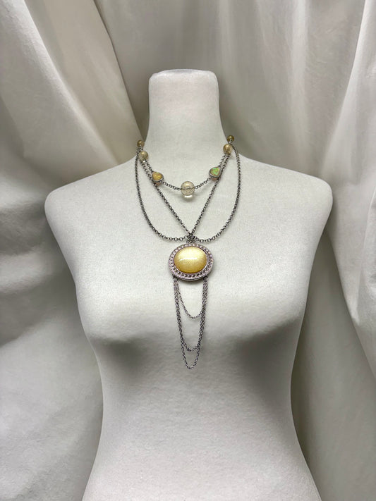 Multilayered, Silver, Yellowish Pendants and Bead Detail, Long Necklace Stack