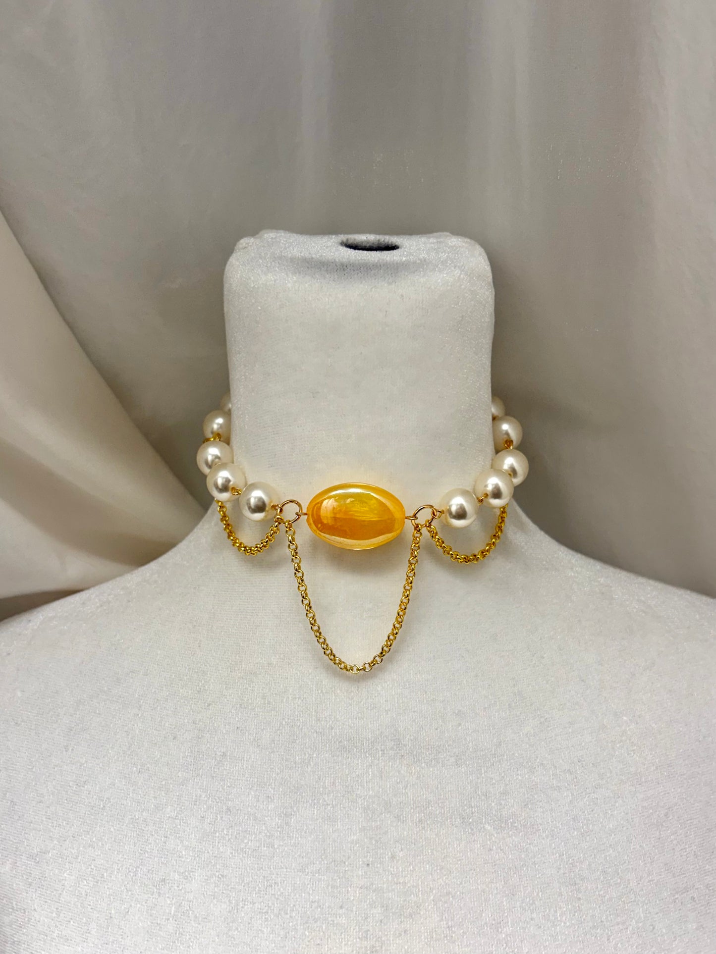 Gold Chunky Choker with Yellow Center Bead and Dangling Details Necklace