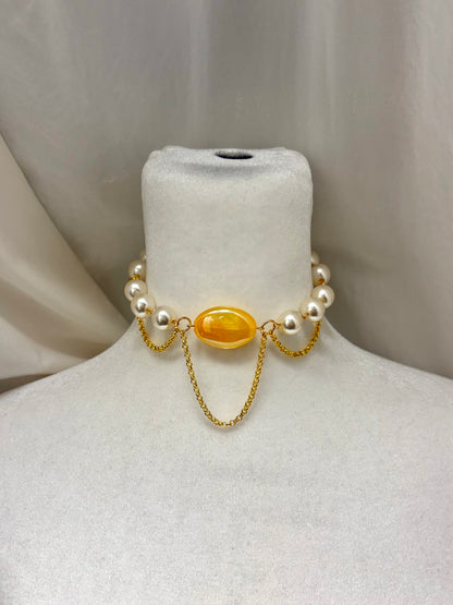 Gold Chunky Choker with Yellow Center Bead and Dangling Details Necklace