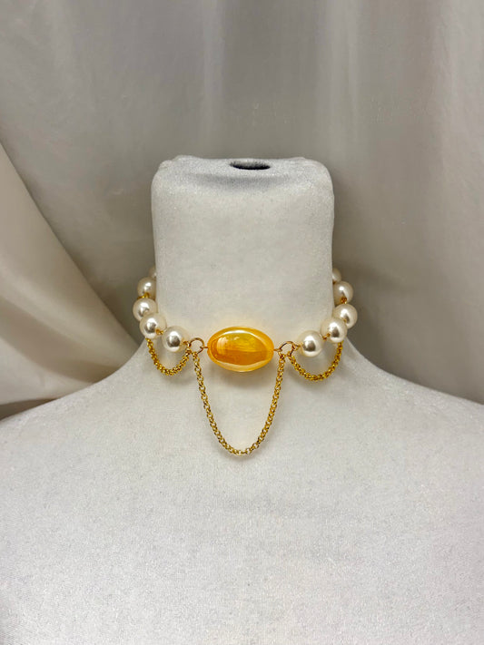 Gold Chunky Choker with Yellow Center Bead and Dangling Details Necklace