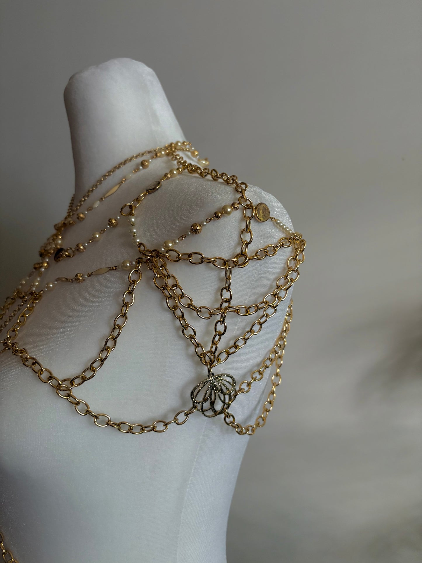 Body Jewelry Shoulder, Torso, and Waist Set with Dangling Chain Belt and Resting on Shoulders