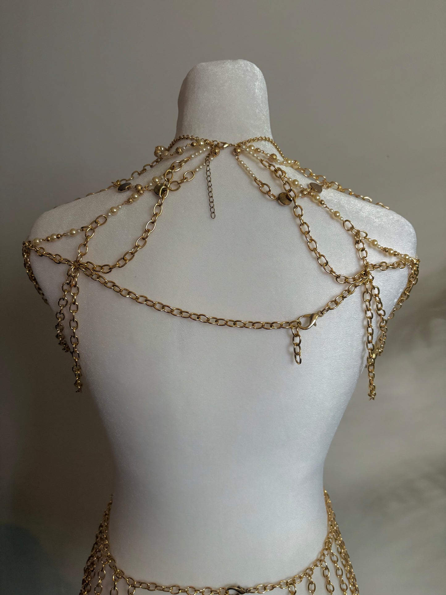 Body Jewelry Shoulder, Torso, and Waist Set with Dangling Chain Belt and Resting on Shoulders