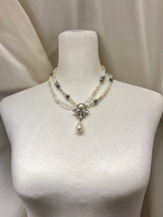Silver Mixed Material, Vintage Crystal and Pearl Pendant, Glass Beads on Elastic String Necklace