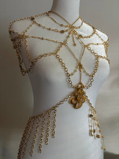 Body Jewelry Shoulder, Torso, and Waist Set with Dangling Chain Belt and Resting on Shoulders
