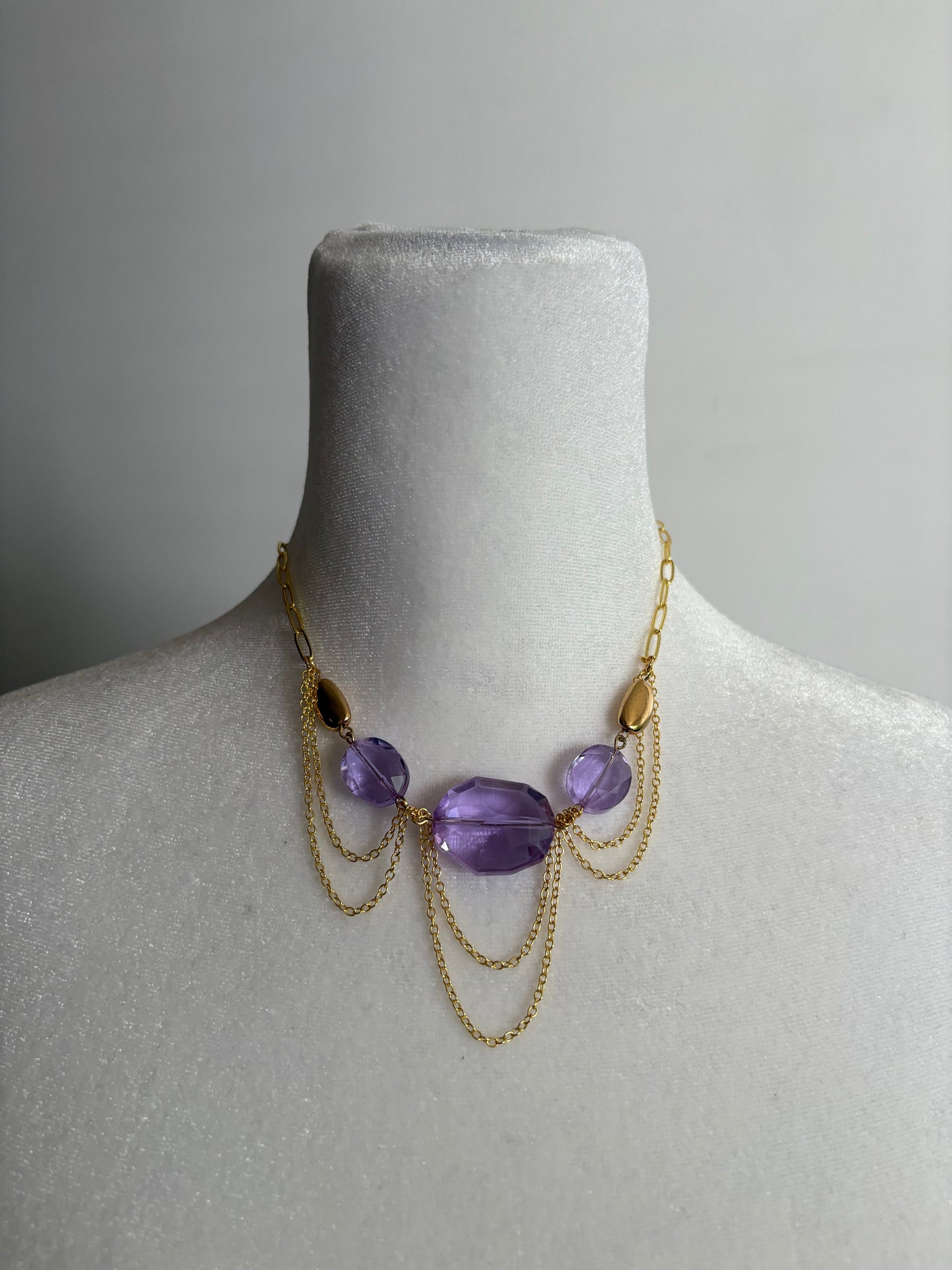 Purple Crystal and Gold Dainty and Simple Necklace