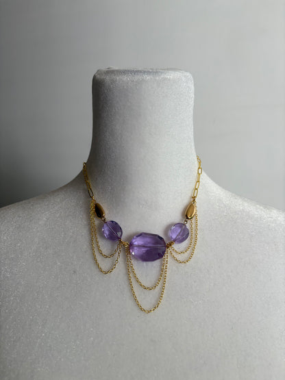 Purple Crystal and Gold Dainty and Simple Necklace