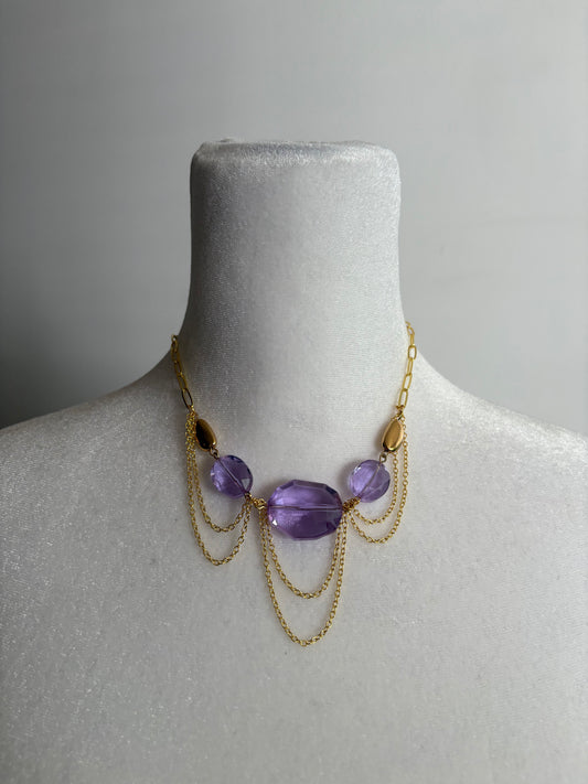 Purple Crystal and Gold Dainty and Simple Necklace