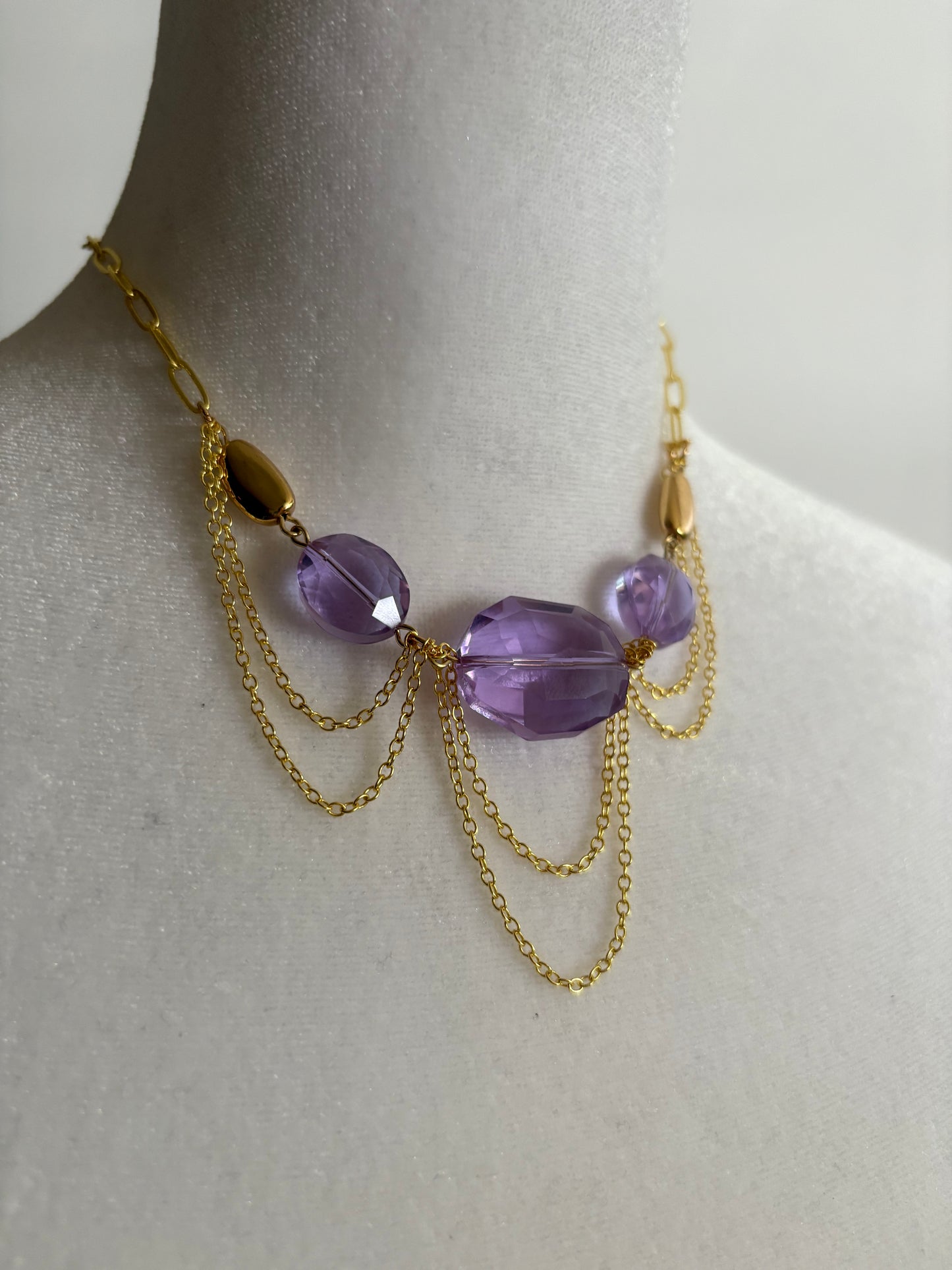 Purple Crystal and Gold Dainty and Simple Necklace