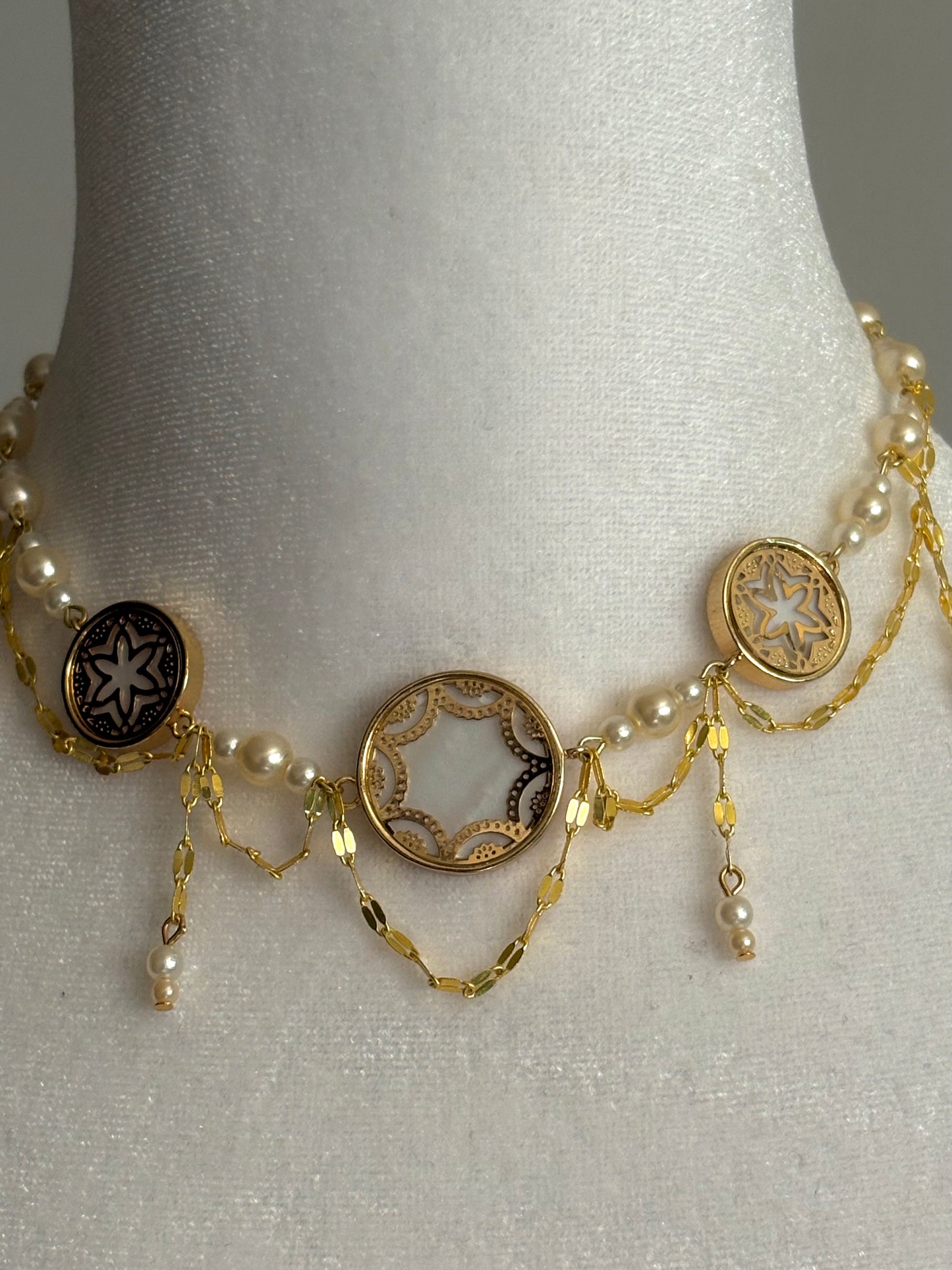 Seashell Pendants with Pearl Beads and Dangling Details on a Gold Choker Necklace
