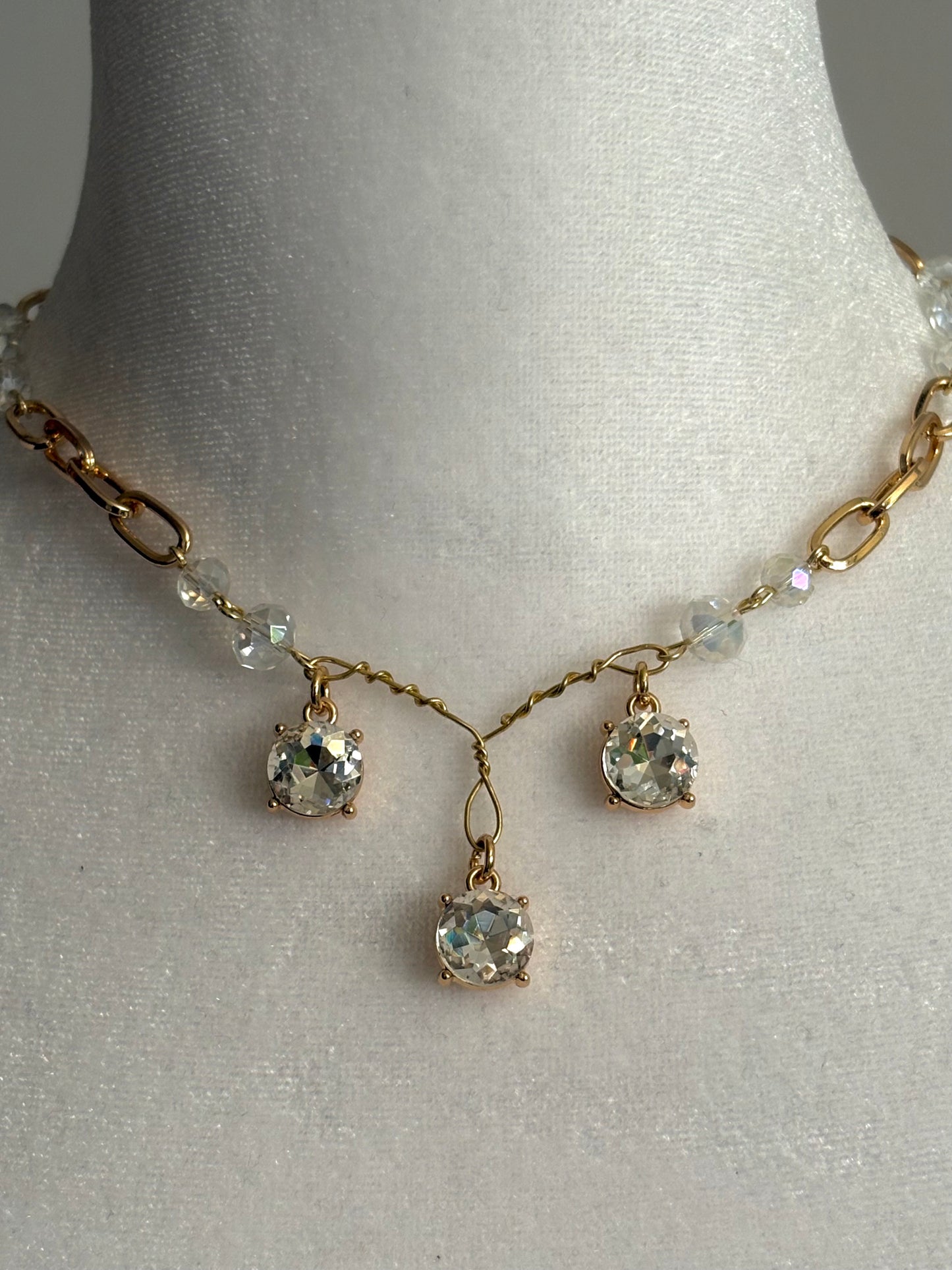 Tri-Pendant with Glass Gems Gold Necklace