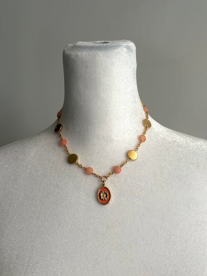 Pink Floral Pendant with Flat Beads Gold Necklace