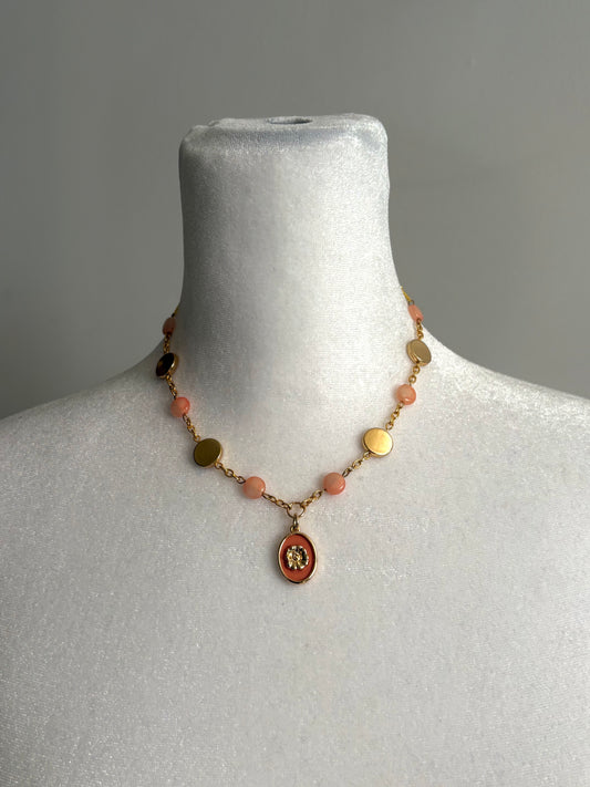 Pink Floral Pendant with Flat Beads Gold Necklace