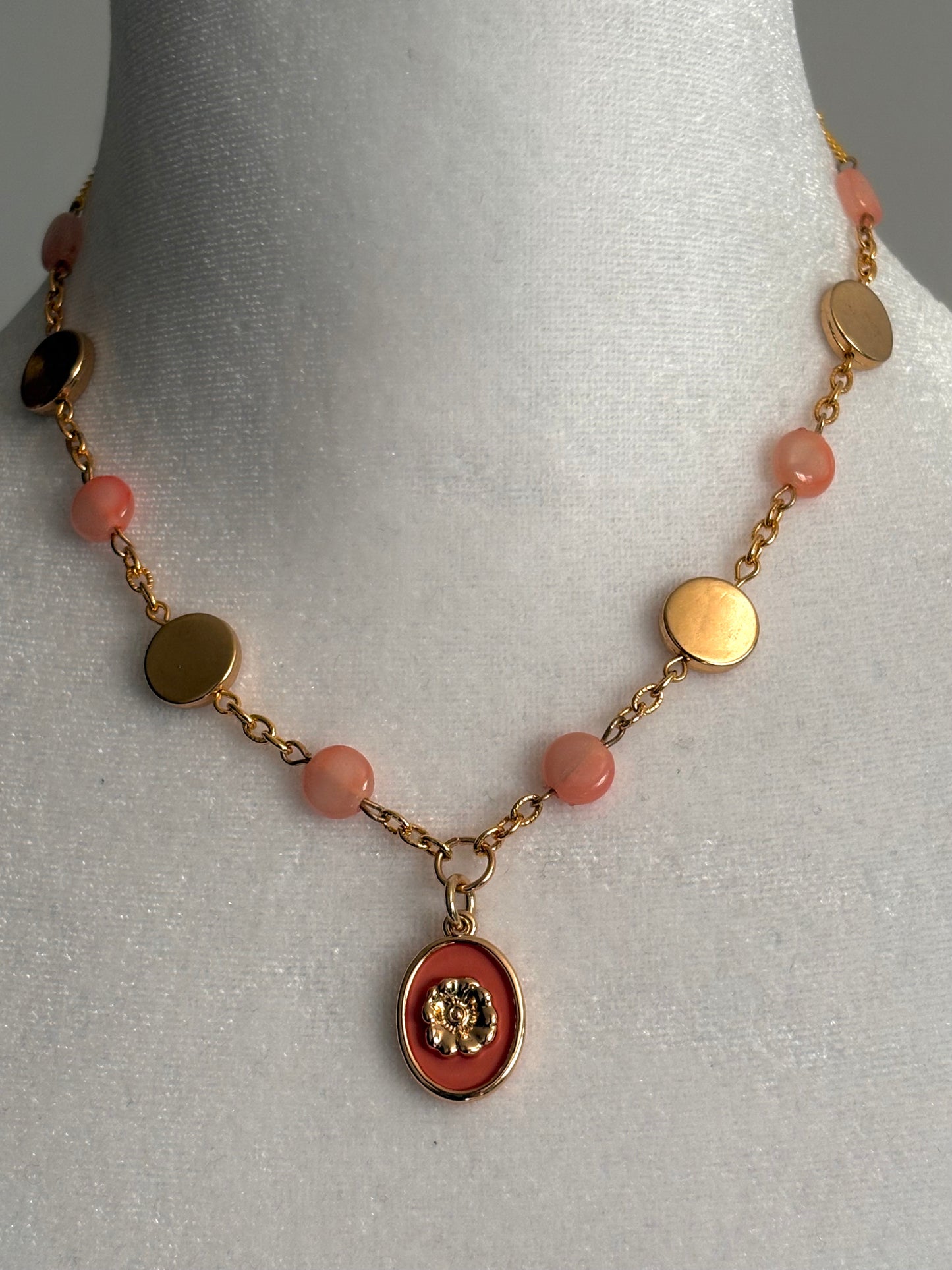 Pink Floral Pendant with Flat Beads Gold Necklace