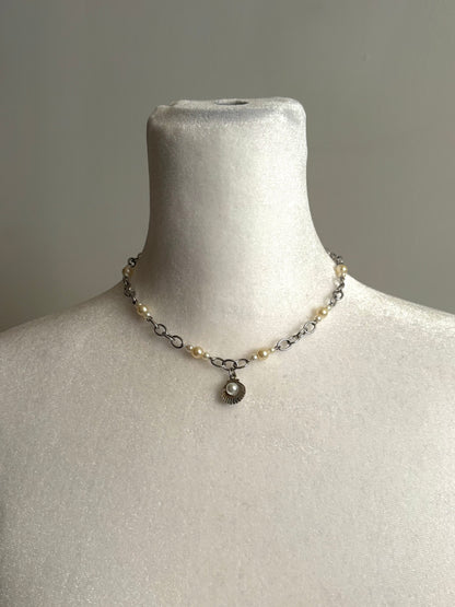 Silver Mini Seashell Pendant Necklace with Faux Pearls