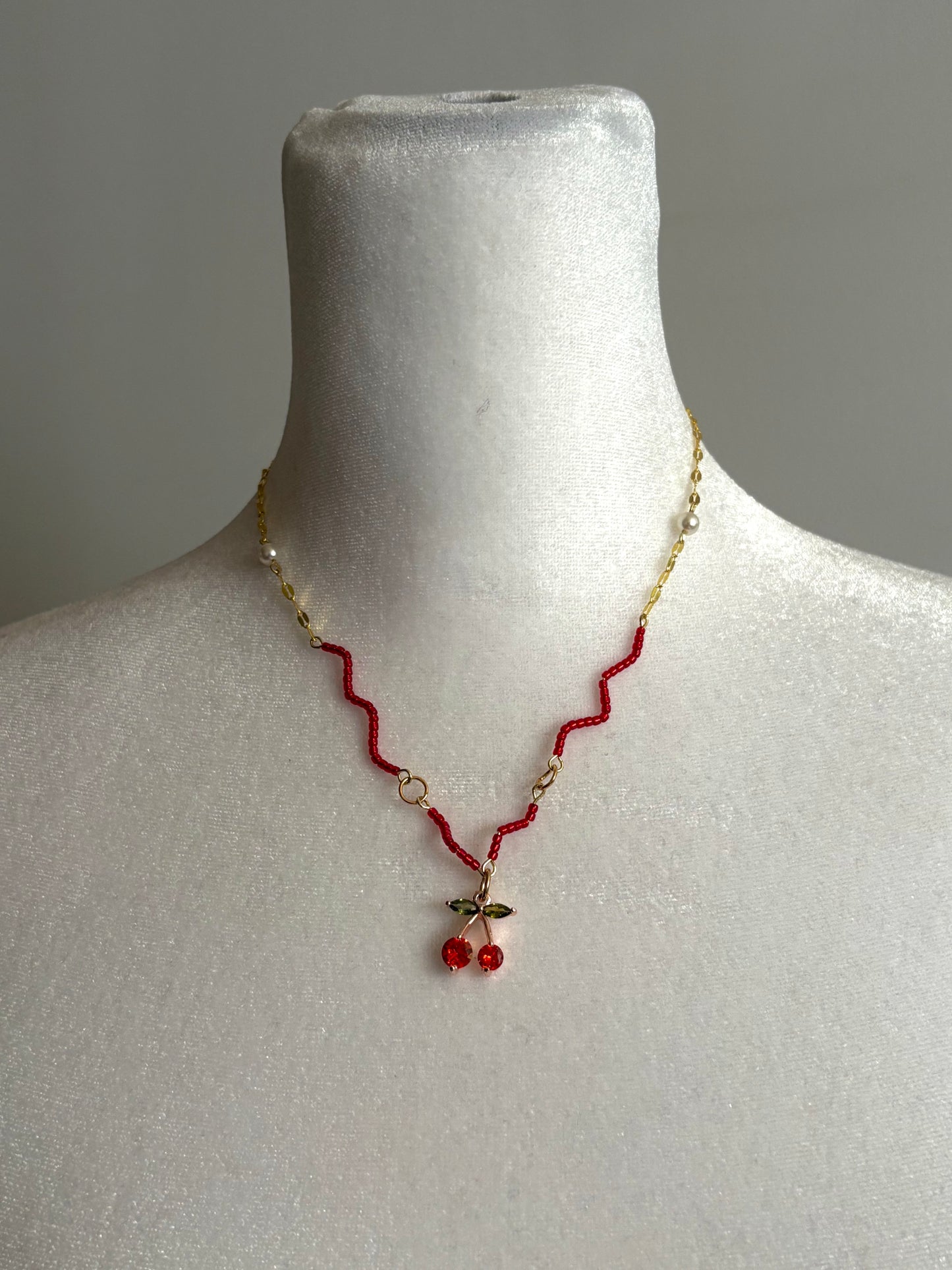 Cherry Red Necklace with Pearls and Glass Red Beads