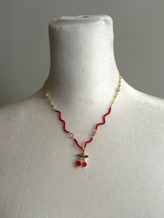 Cherry Red Necklace with Pearls and Glass Red Beads
