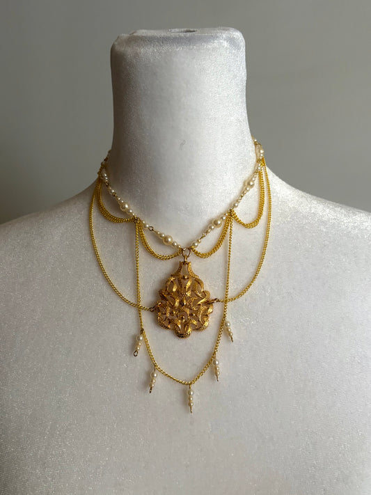 Vintage 1960s Ornate Gold Pendant Decorated with Faux Pearls and Gold Chain Detailing