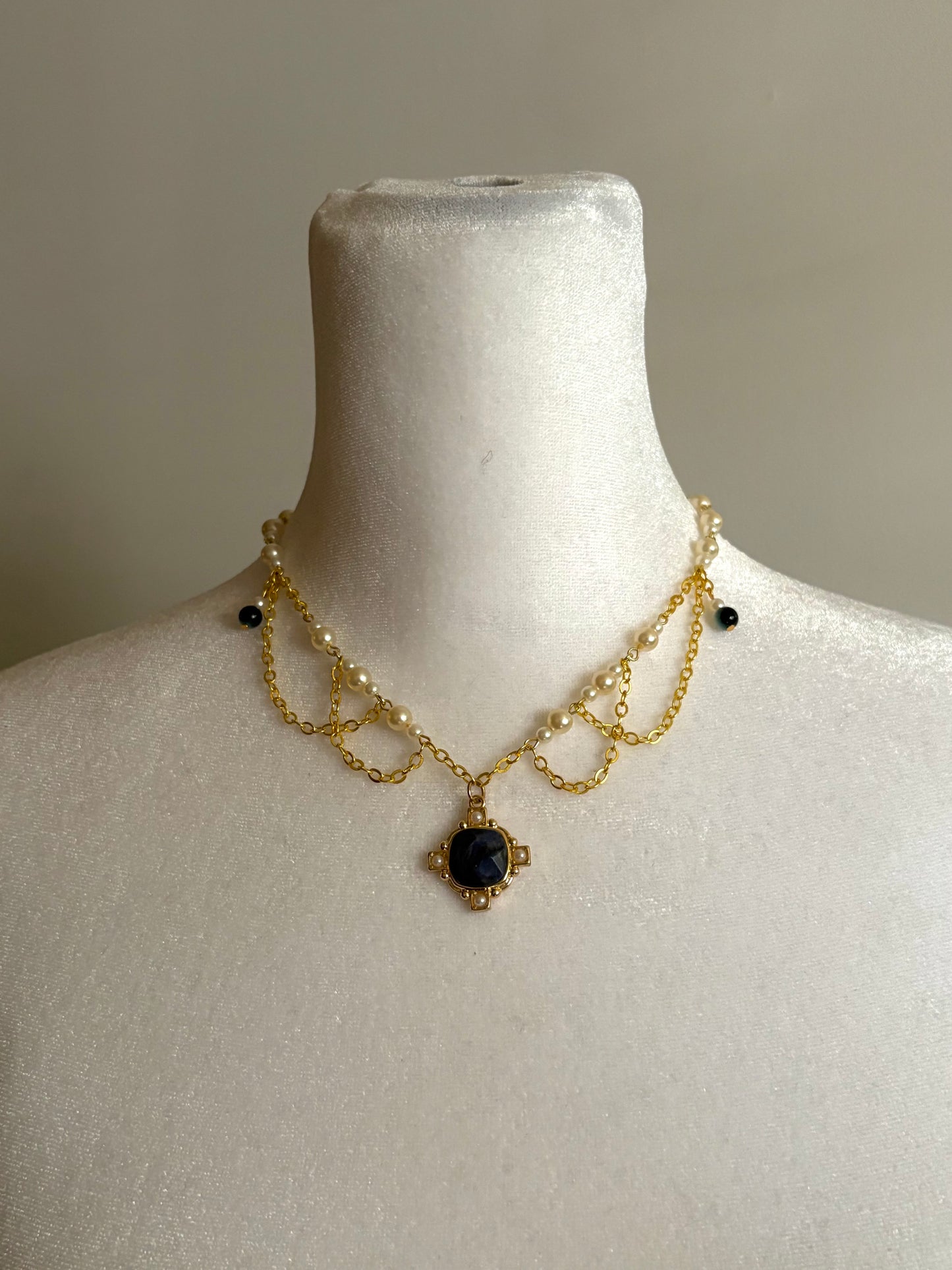 Blue and Gold Simple Dainty Necklace with Dangling Chain