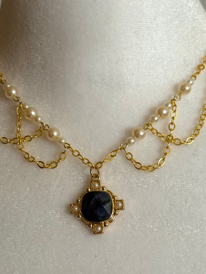 Blue and Gold Simple Dainty Necklace with Dangling Chain