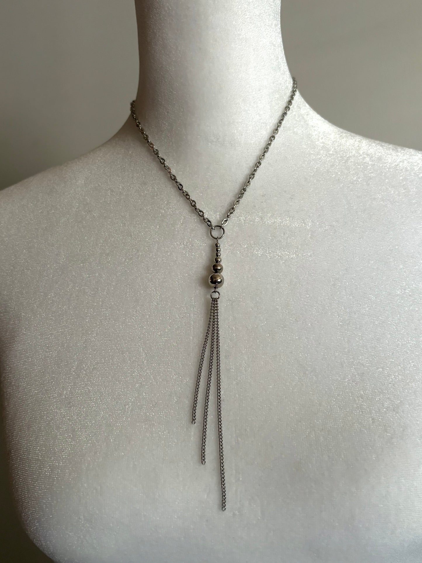 Simple and Long Silver with Bead Stack Necklace