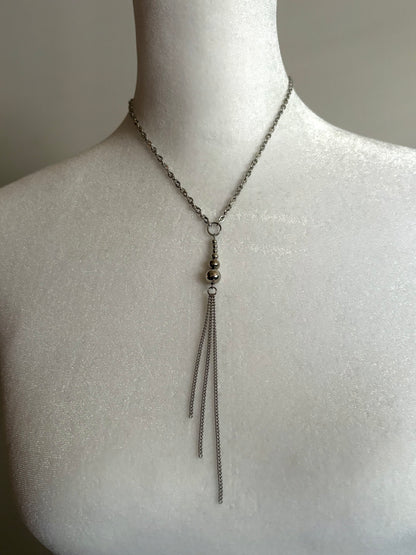 Simple and Long Silver with Bead Stack Necklace