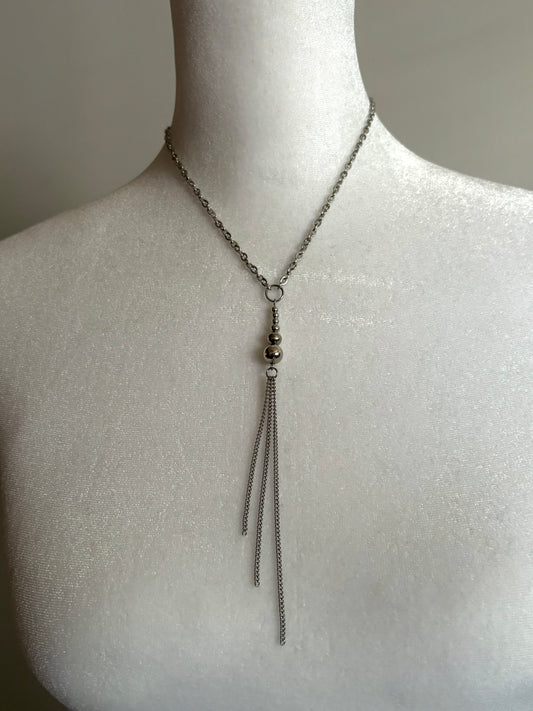 Simple and Long Silver with Bead Stack Necklace