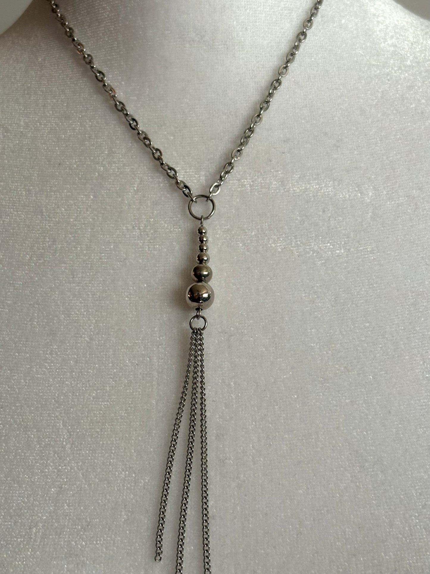 Simple and Long Silver with Bead Stack Necklace