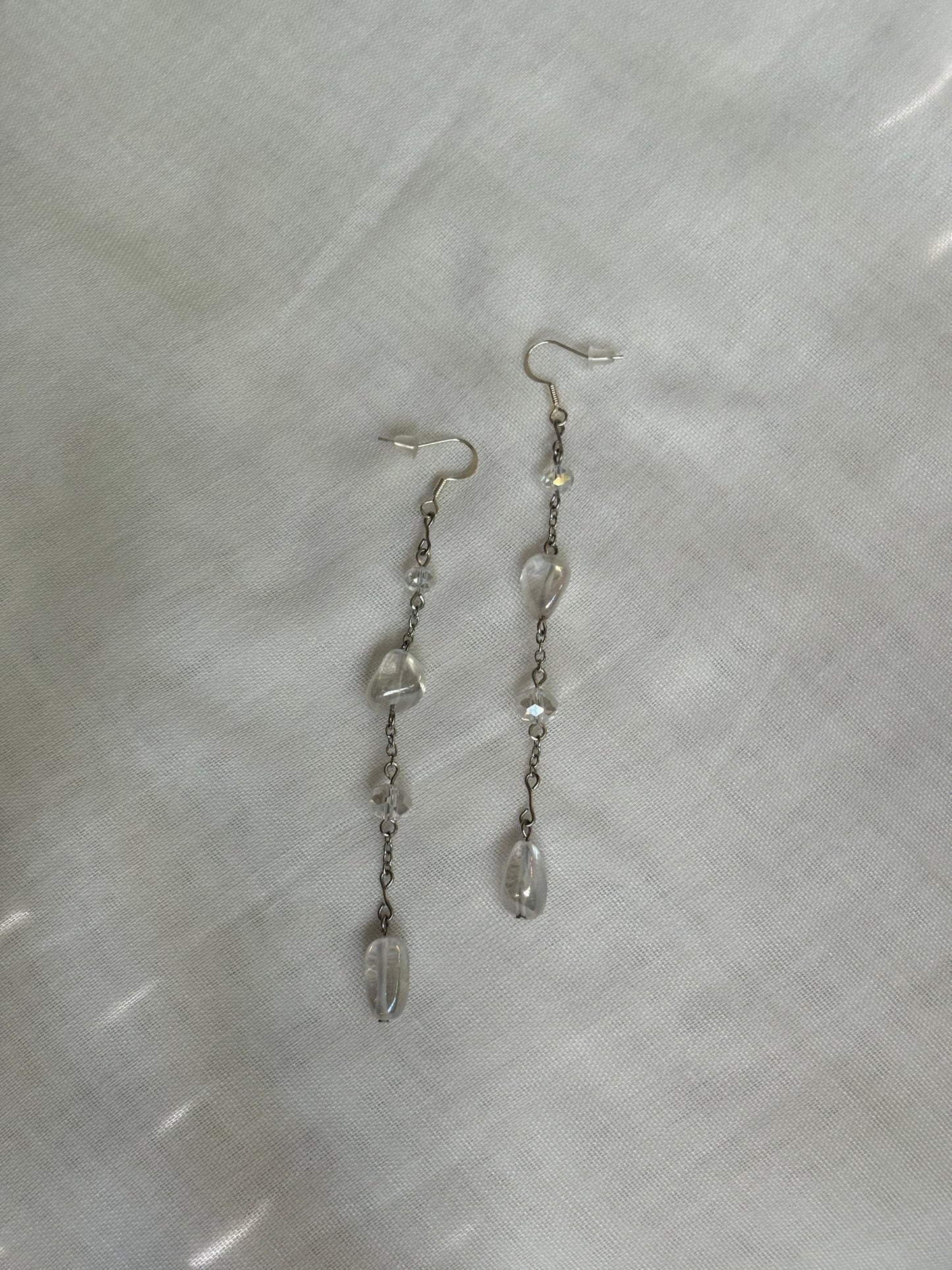 Clear Beaded Silver Dangling Earrings