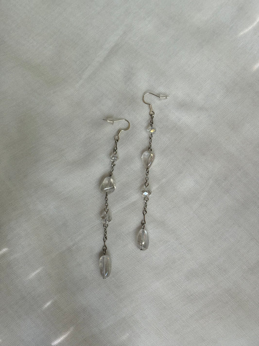 Clear Beaded Silver Dangling Earrings