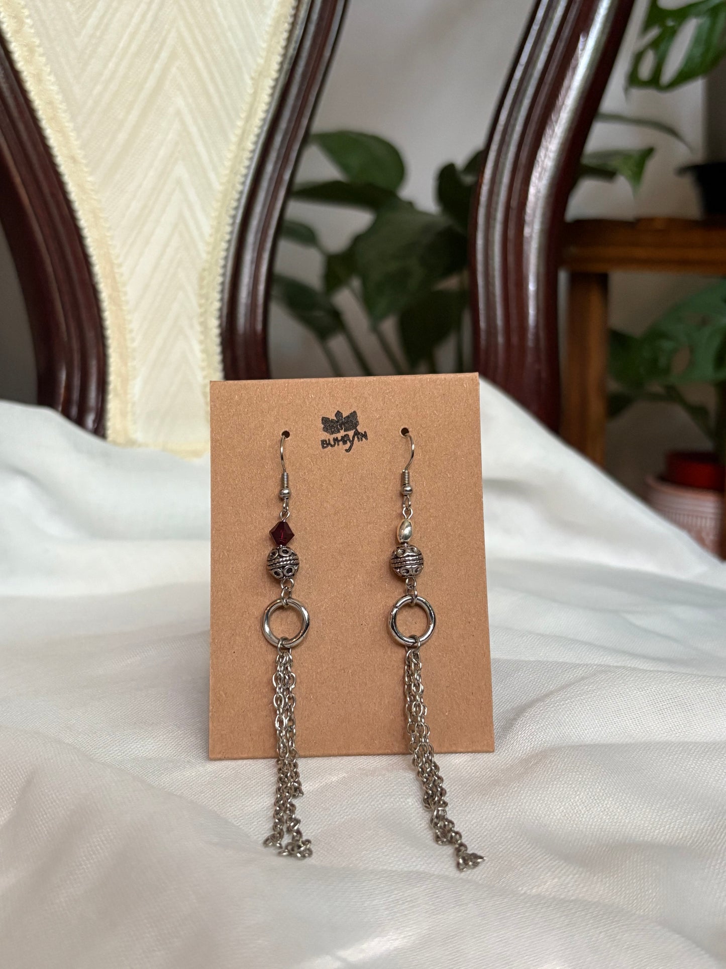 Long Dangling Silver Earrings with Red Asymmetrical Details