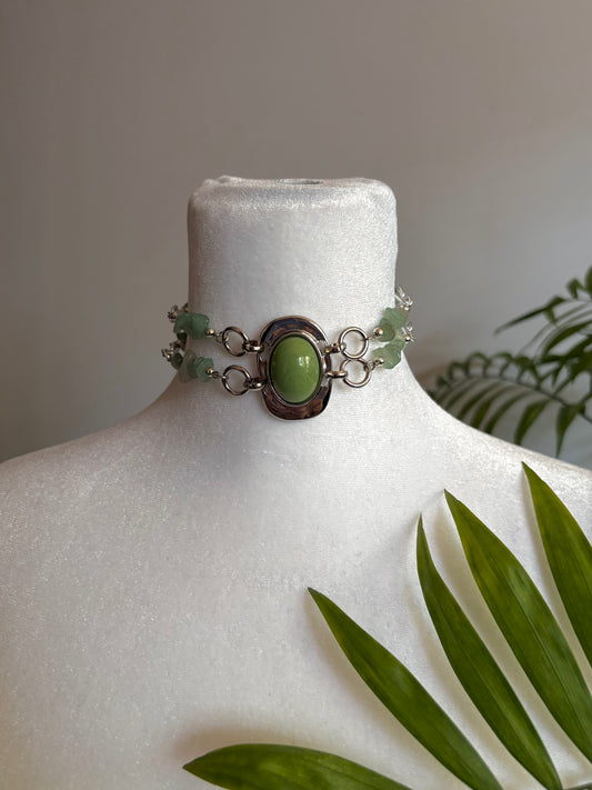 Green and Silver Beaded Choker Necklace with Green Pendant