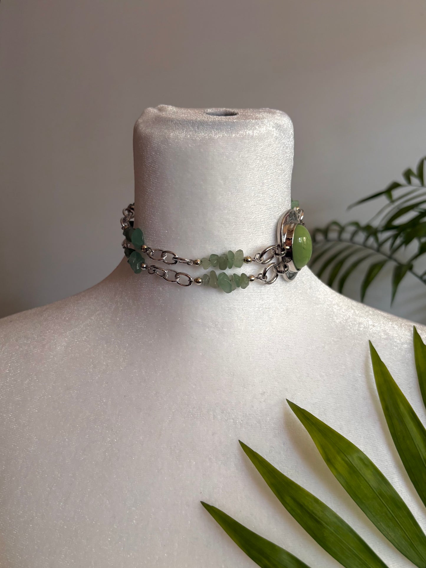 Green and Silver Beaded Choker Necklace with Green Pendant