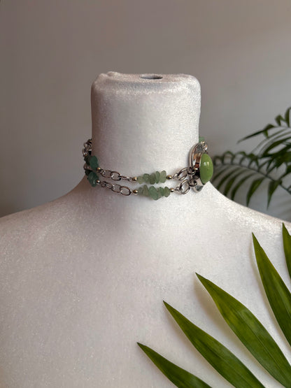 Green and Silver Beaded Choker Necklace with Green Pendant