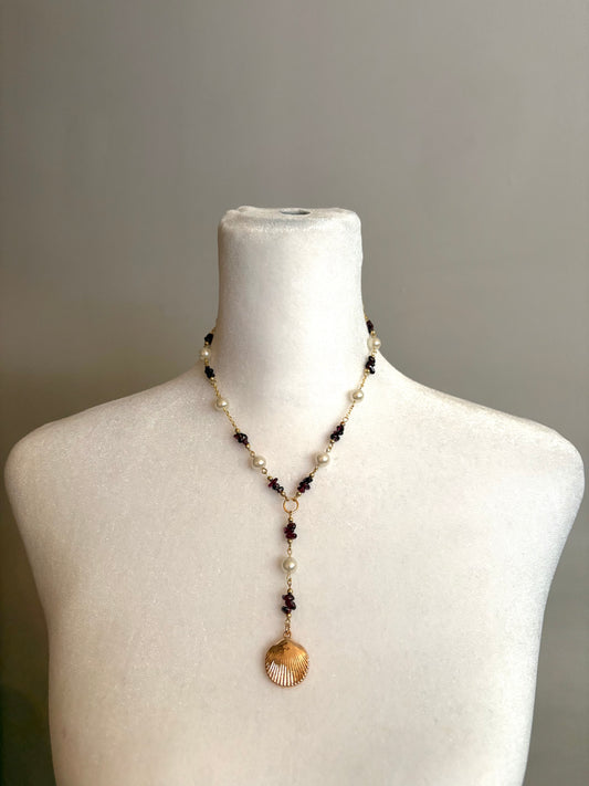Long Gold Scallop Seashell with Brown Beads and Faux Pearls Necklace
